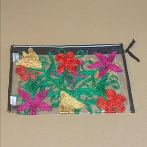 Floral Embroidered Transparent Clutch/Wet bikini bag w/ top zip closure
